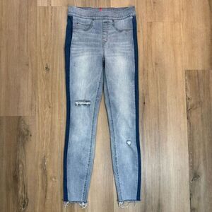 Spanx Women's XS High Rise Distressed Skinny Jeans Track Stripe Raw Hem Ankle